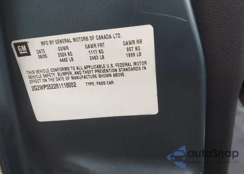 2006 Pontiac Grand Prix z USA, uszkodzony, nr VIN 2G2WP552261118002